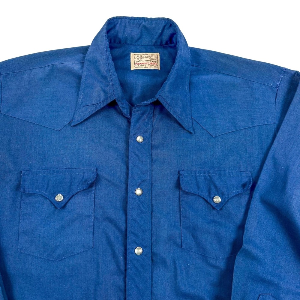 Vintage H Bar C Shirt Mens Large Blue Solid Western Pearl Snap Ranchwear Cowboy